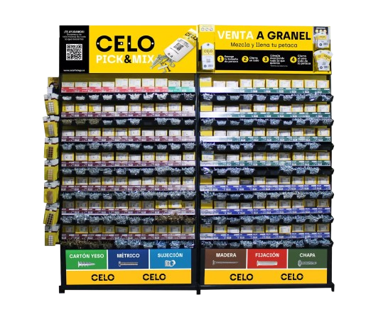 Expococtel: Expositor para distribución de CELO con productos de tornillería, fijación y sujeción ideal para espacios reducidos