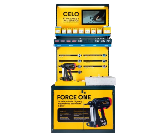 FORCE ONE: Expositor para distribución de CELO con clavos y accesorios para la pistola de clavos FORCE ONE+.