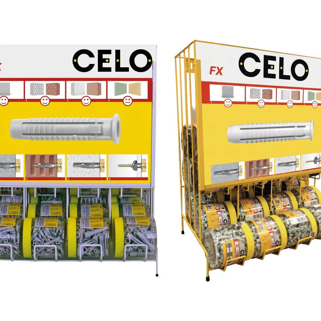 EXPO FX/MZK: Expositor para distribución de CELO con productos de fijación y sujeción en envases tipo bote