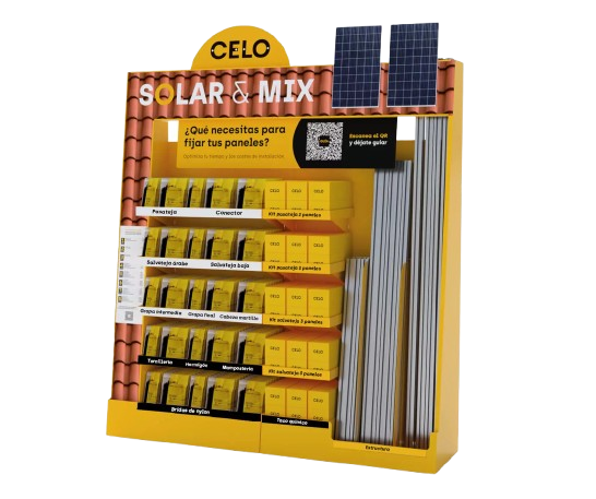 Solar&Mix: Expositor para distribución de CELO con productos para la instalación de paneles solares
