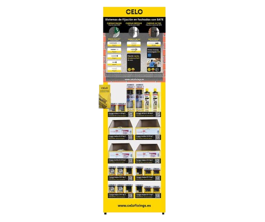 SATE: Expositor para distribución de CELO con productos de fijación y sujeción para SATE
